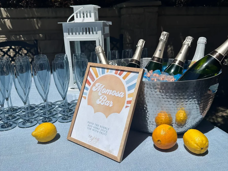 Champagne flutes and a lemon-themed sign beside an ice bucket at an outdoor party