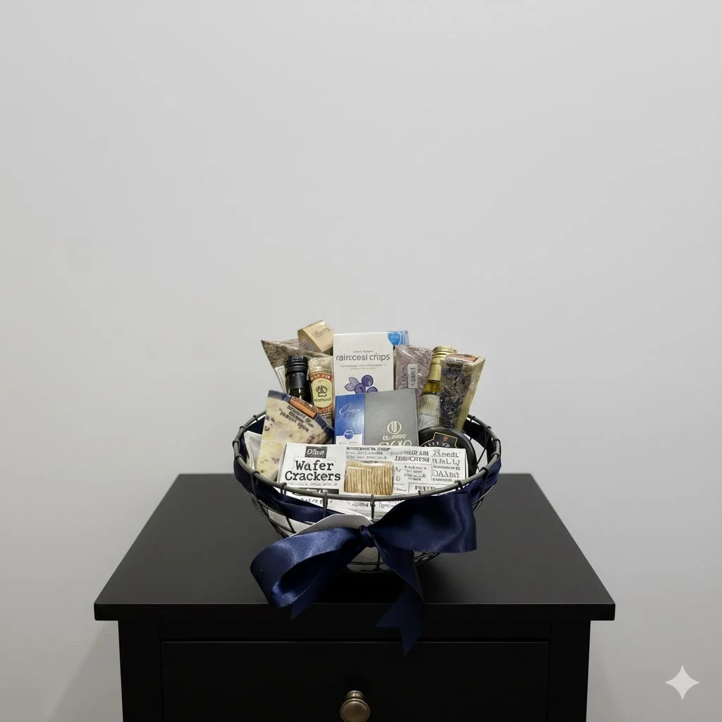 A curated gift basket tied with a navy ribbon, sitting on a black side table.